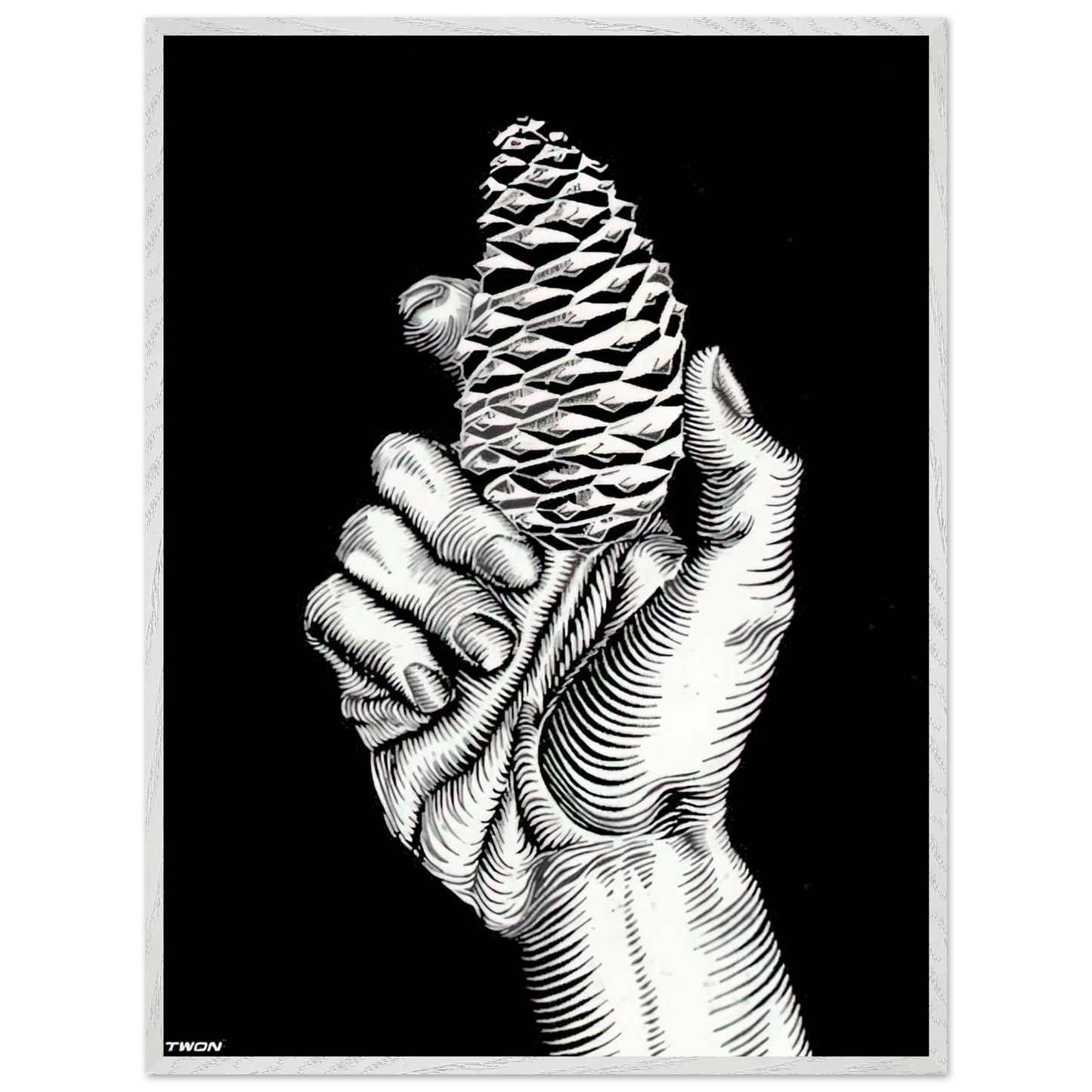 MC Escher - HAND WITH FIR CONE Wall Art - 30x40 cm / 12x16 inches - Premium Wooden Framed Poster With Fine Art Paper - White frame