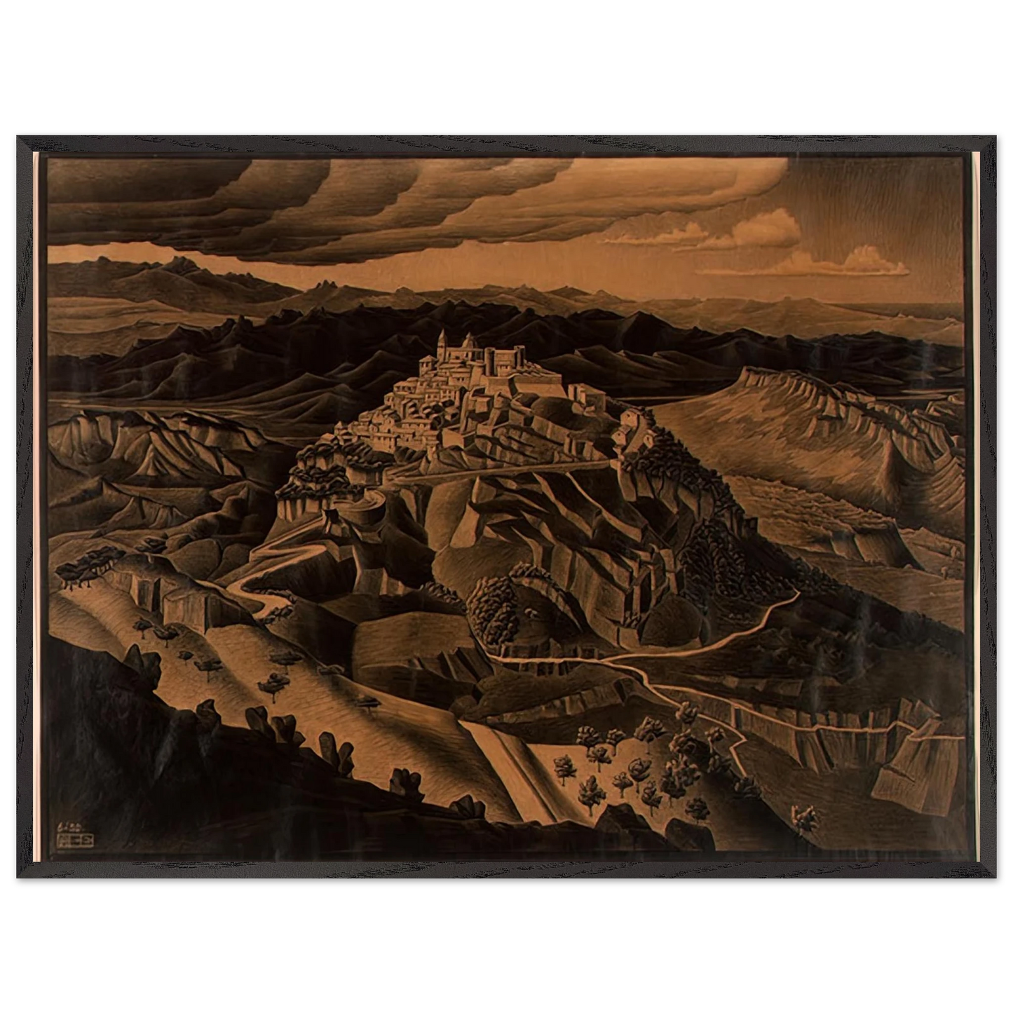 MC Escher - ITALIAN TOWN Wall Art - 60x80 cm / 24x32 inches - Premium Wooden Framed Poster With Fine Art Paper-canvas - White frame