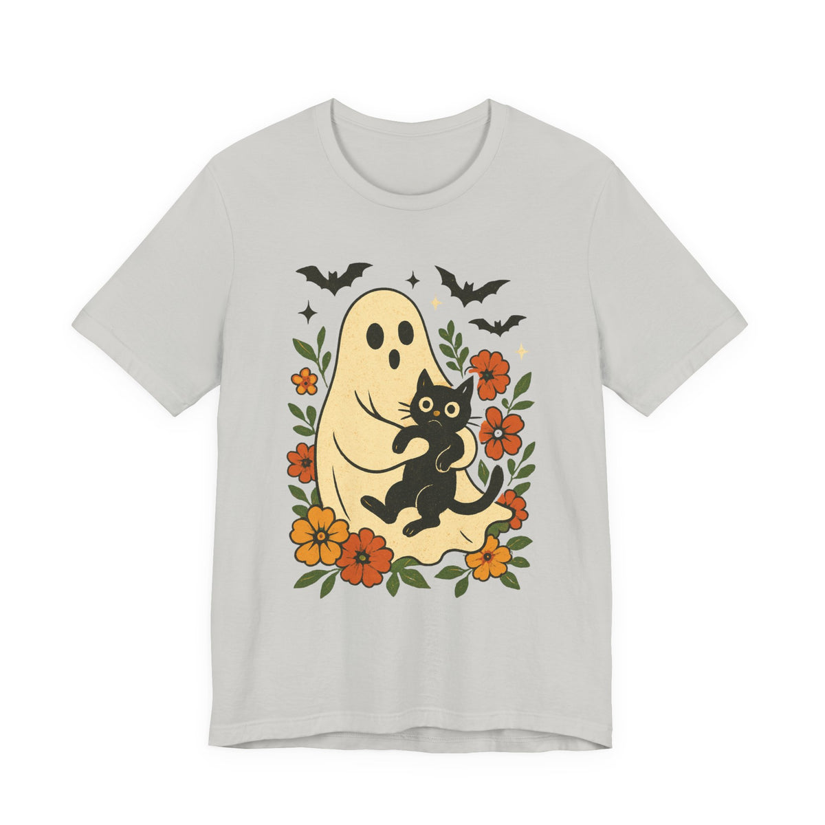 Fantôme effrayant tenant un chat noir Floral psychédélique Halloween