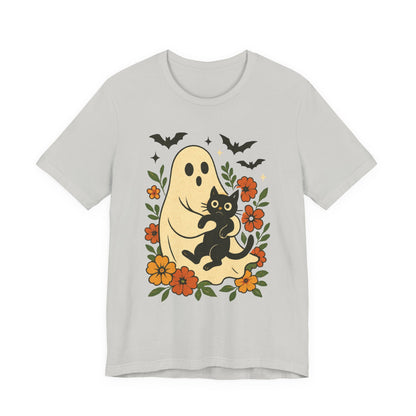 Fantôme effrayant tenant un chat noir Floral psychédélique Halloween