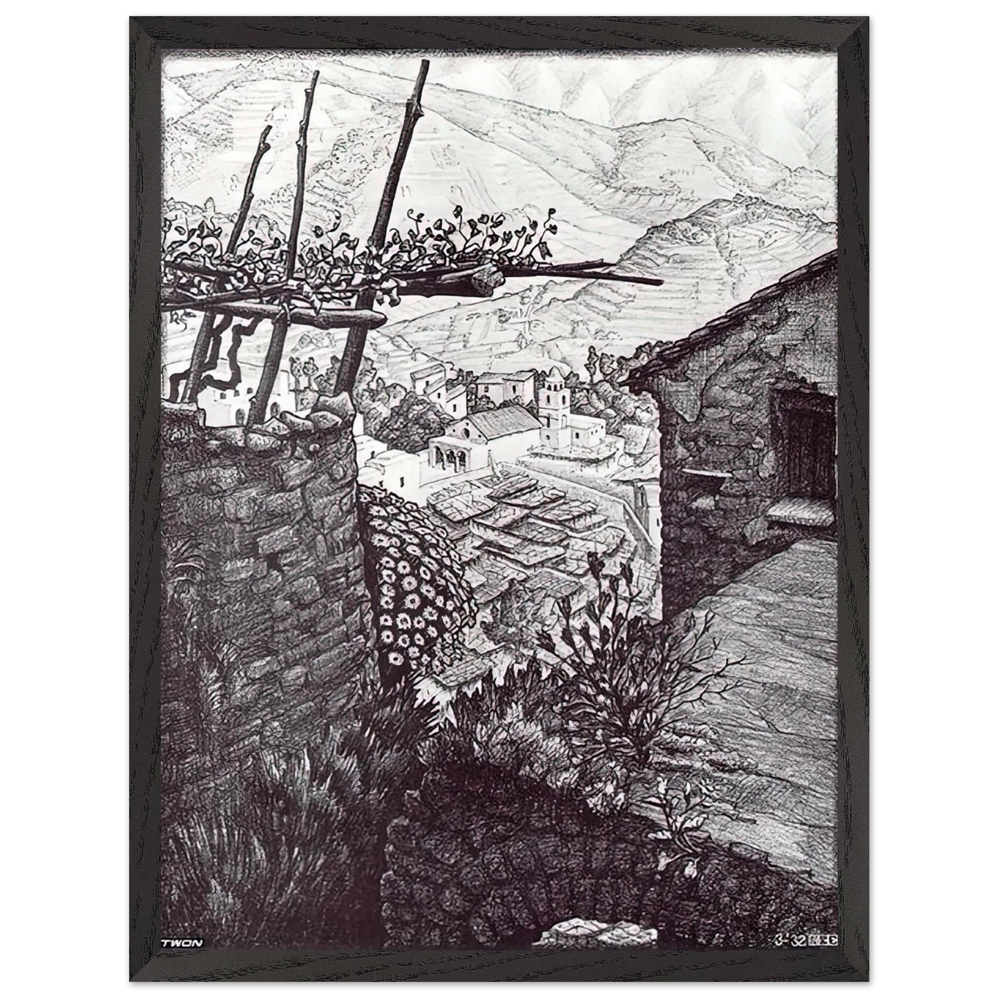 MC Escher - THE HAMLET OF TURELLO SOUTHERN ITALY Wall Art - 30x40 cm / 12x16 inches - Premium Wooden Framed Poster With Fine Art Paper-canvas - Black frame