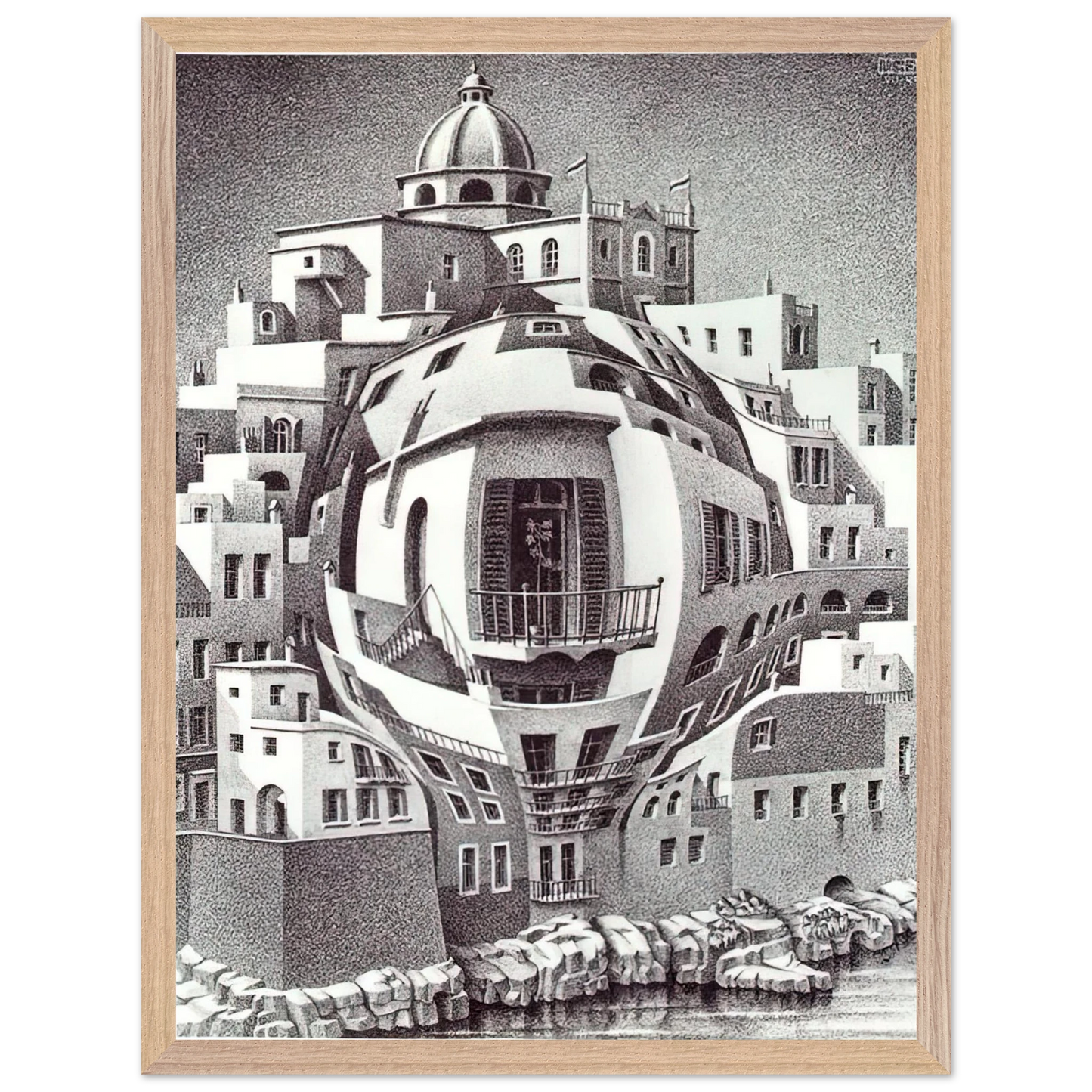 MC Escher - BALCONY Wall Art - 21x29.7 cm / 8x12" - Premium Wooden Framed Poster With Fine Art Paper-canvas - White frame