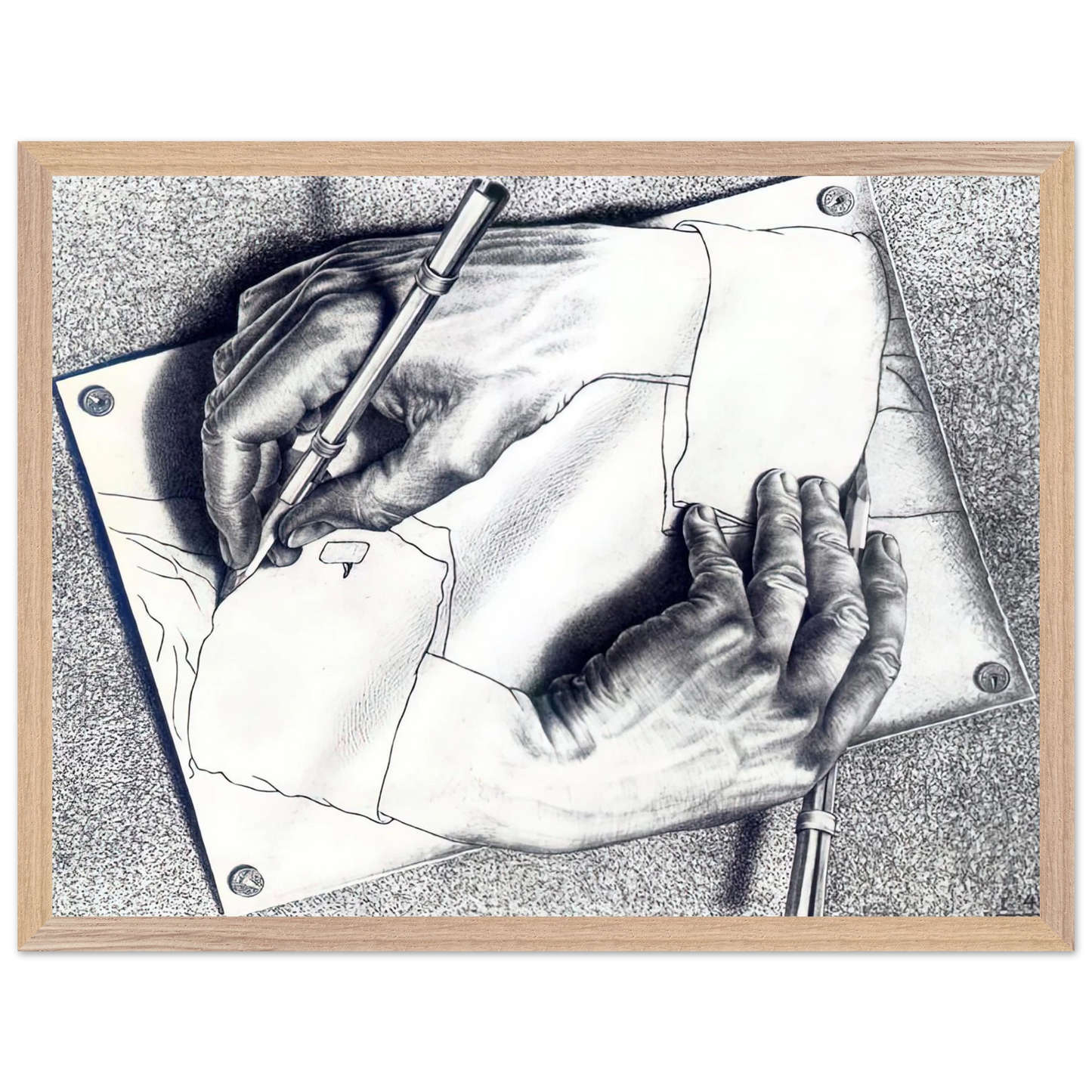 MC Escher - DRAWING HANDS Wall Art - 60x80 cm / 24x32 inches - Premium Wooden Framed Poster With Fine Art Paper-canvas - Wood frame