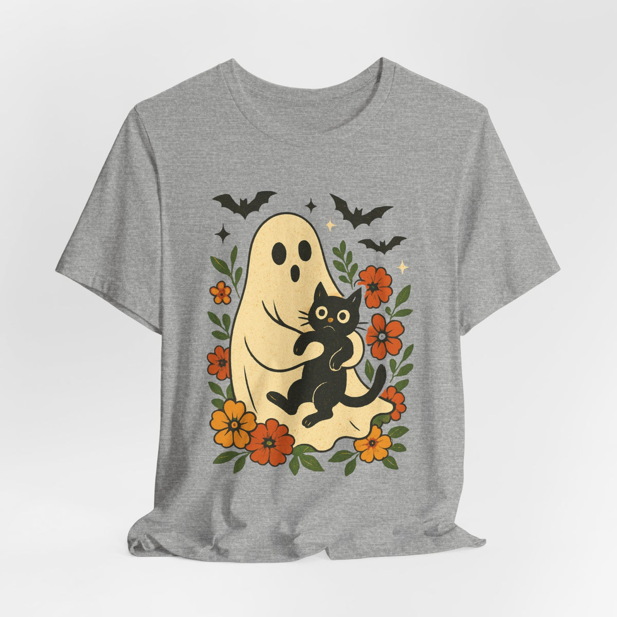 Fantôme effrayant tenant un chat noir Floral psychédélique Halloween