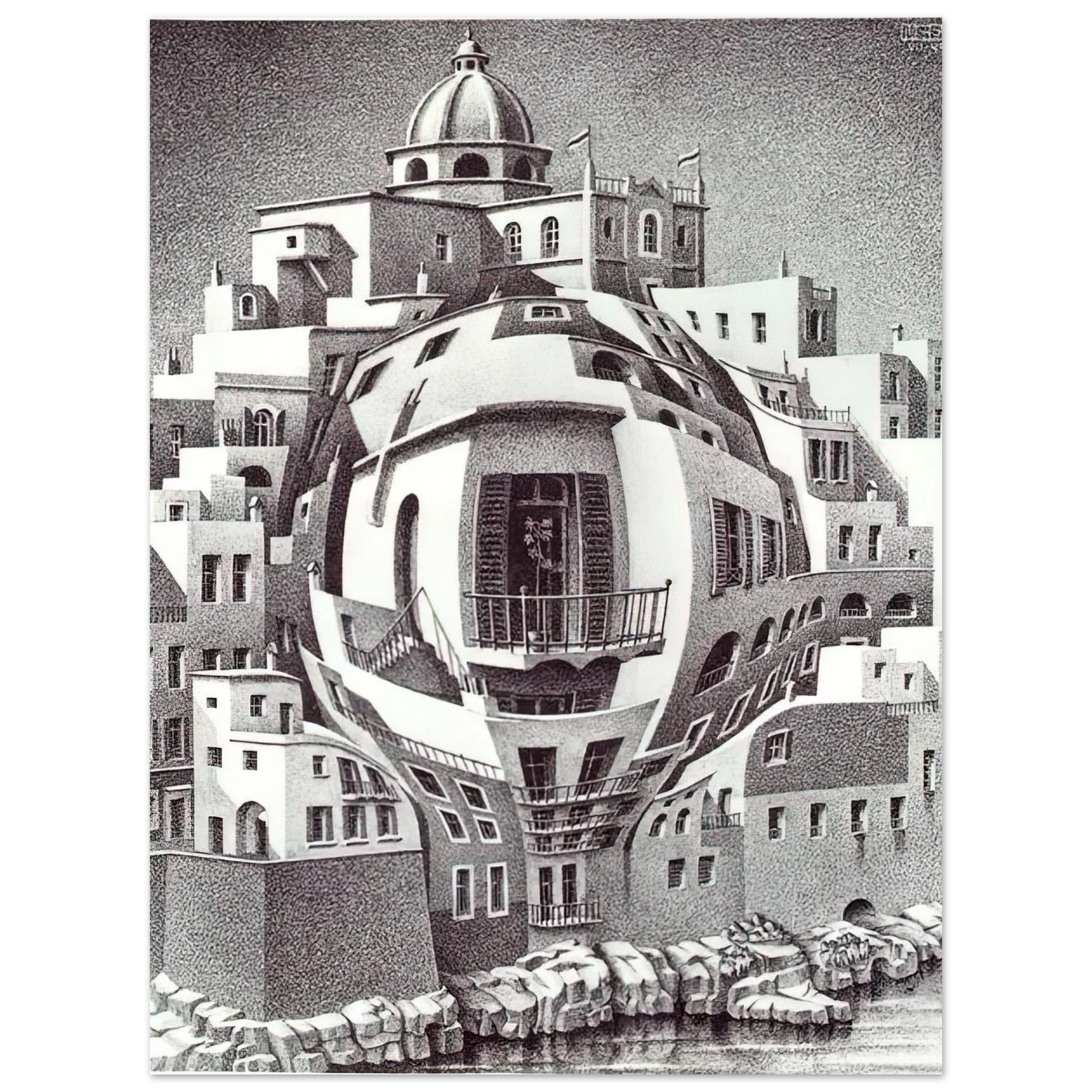MC Escher - BALCONY Wall Art - 30x40 cm / 12x16 inches - Premium Wooden Framed Poster With Fine Art Paper-canvas - Wood frame