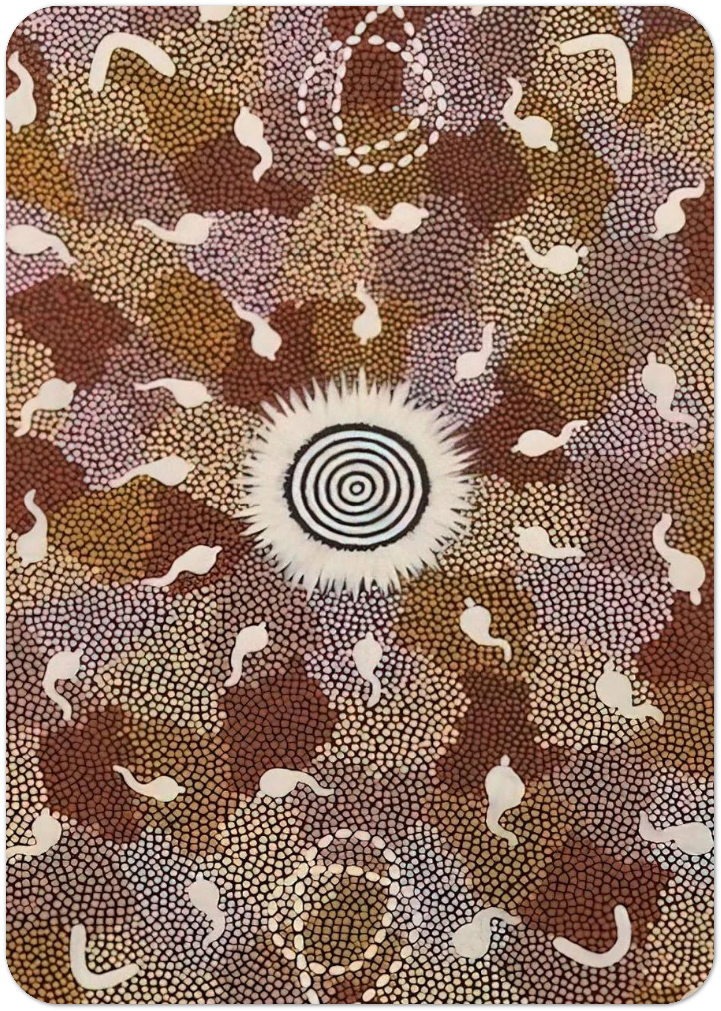 Njupa, Mt. Allan Bush Tucker - 1986 By Clifford Possum Tjapaltjarri Pack of 10 Post Cards | Clifford Possum Tjapaltjarri Post Cards | A6 (10.5 x 14.8 cm) - 4.1 x 5.8 inches