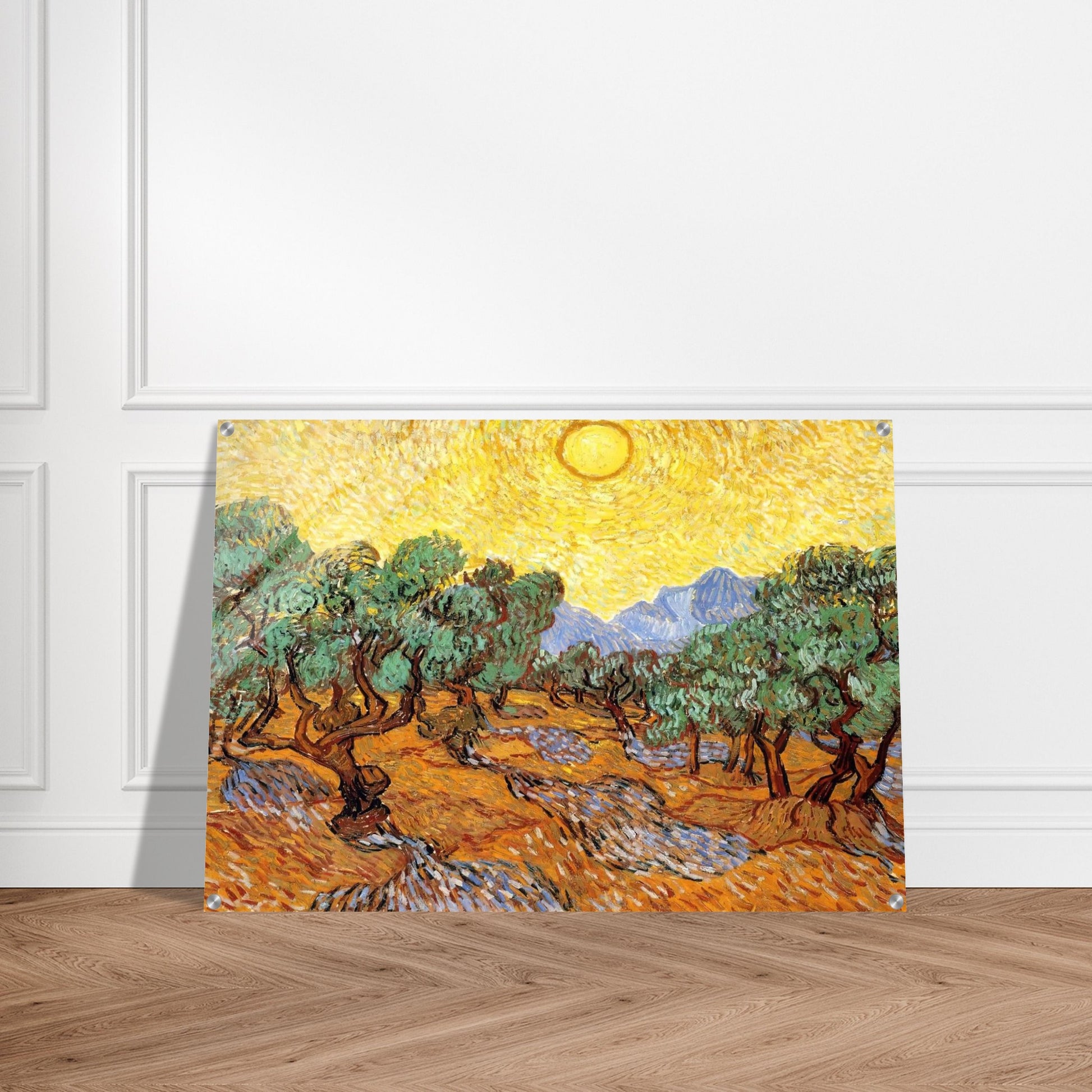 Olive Trees with Yellow Sky and Sun - Vincent van Gogh Acrylic Print - 70x100 cm / 28x40″ inches