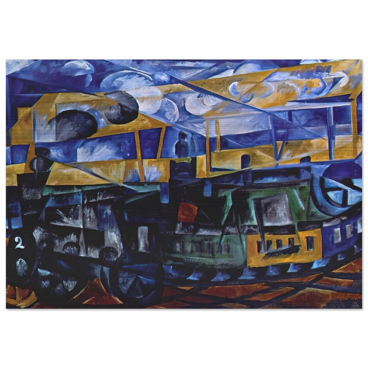 Airplane over train - 1913 - Natalia Goncharova Brushed Aluminum Print - 70x100 cm / 28x40 inches | Natalia Goncharova Aluminum Print | Natalia Goncharova Prints