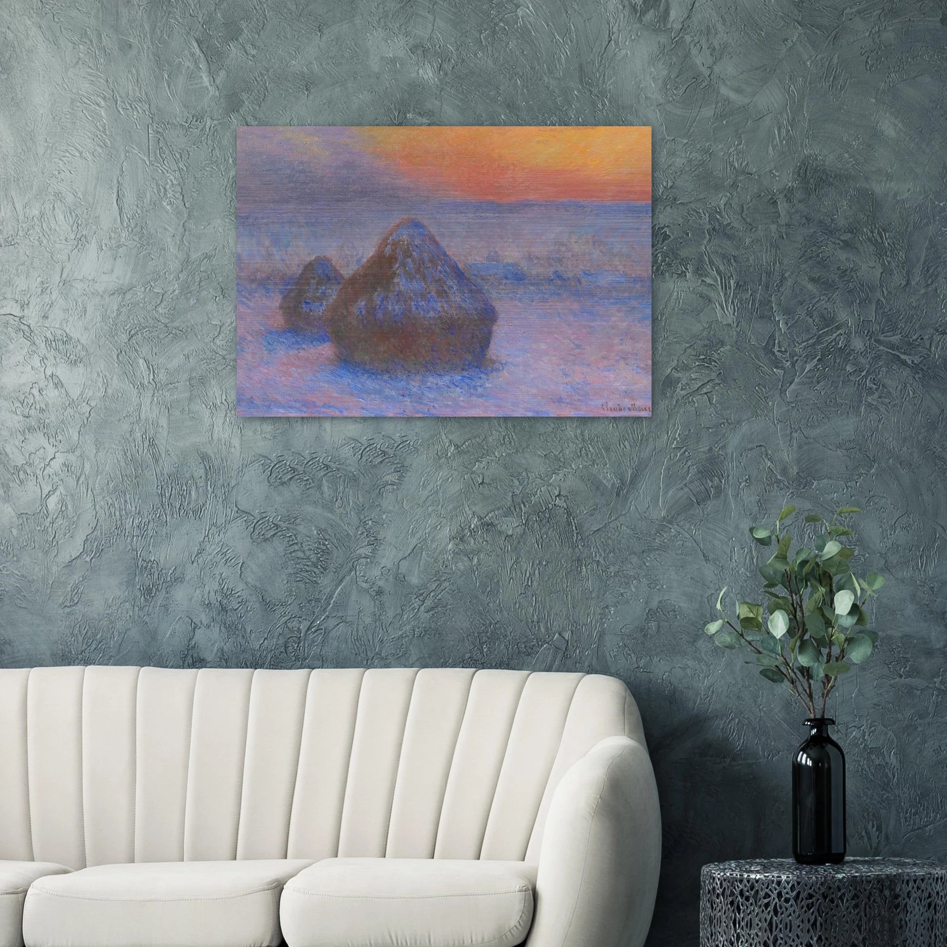 Stacks of Wheat Sunset, Snow Effect - claude monet Brushed Aluminum Print - 70x100 cm / 28x40 inches | claude monet Aluminum Print | claude monet Prints