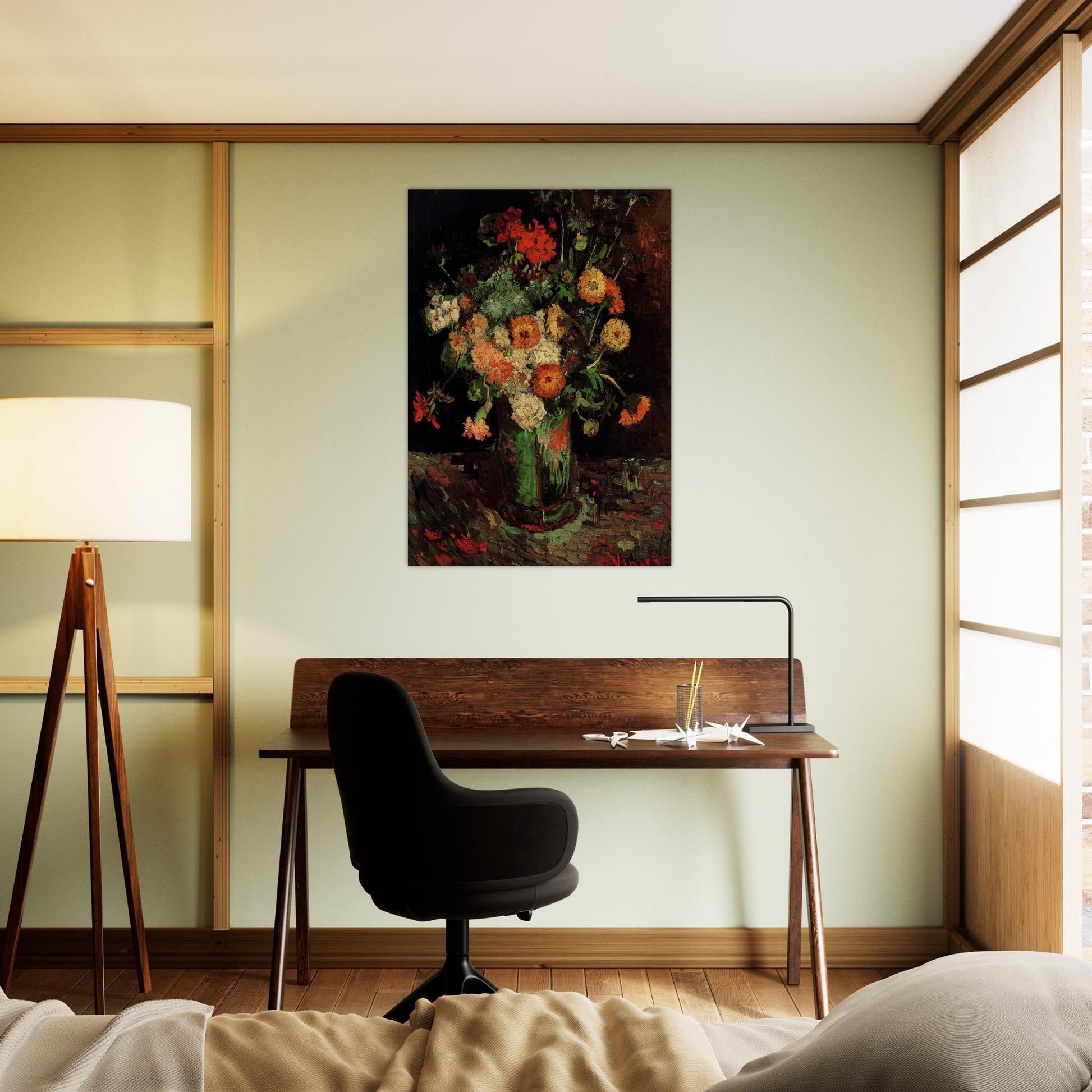 Vase with Zinnias and Geraniums - Vincent van Gogh Brushed Aluminum Print - 70x100 cm / 28x40 inches | Vincent van Gogh Aluminum Print | Vincent van Gogh Prints