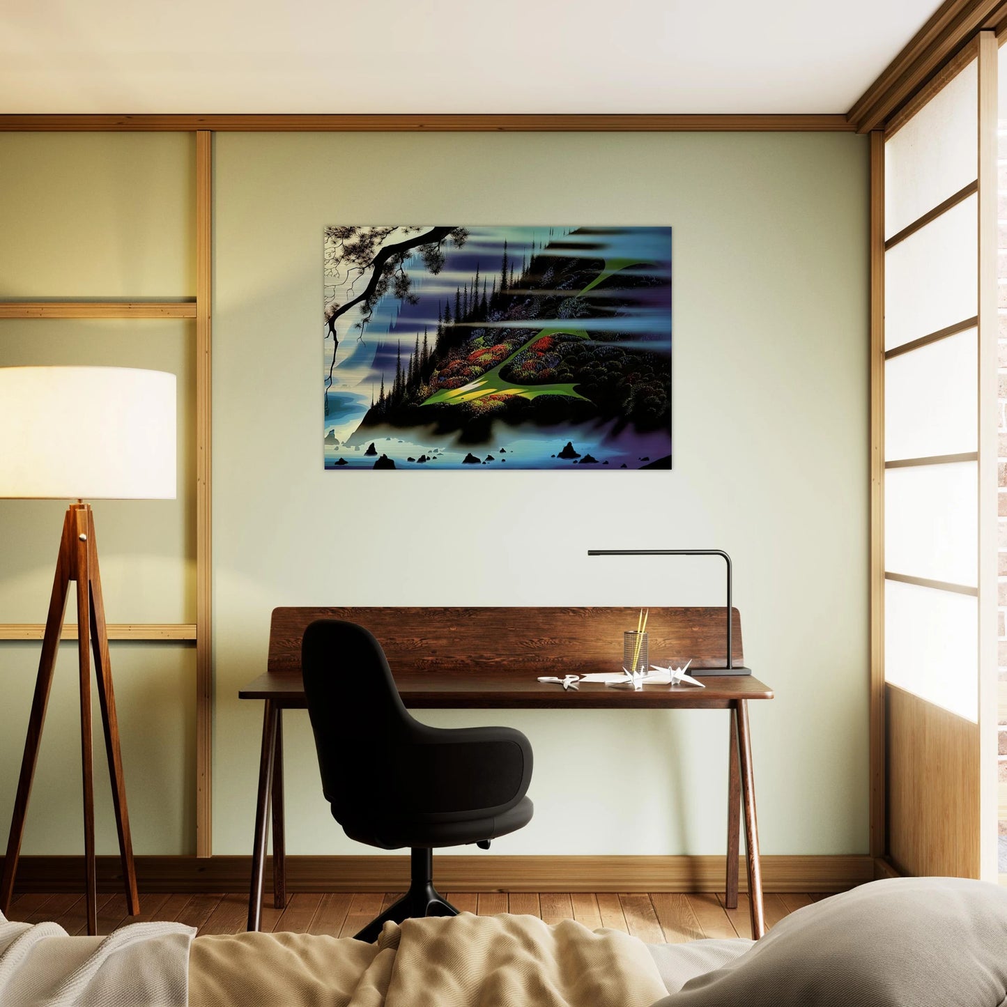 Pasture Through the Fog - Eyvind Earle Brushed Aluminum Print - 70x100 cm / 28x40 inches | Eyvind Earle Aluminum Print | Eyvind Earle Prints