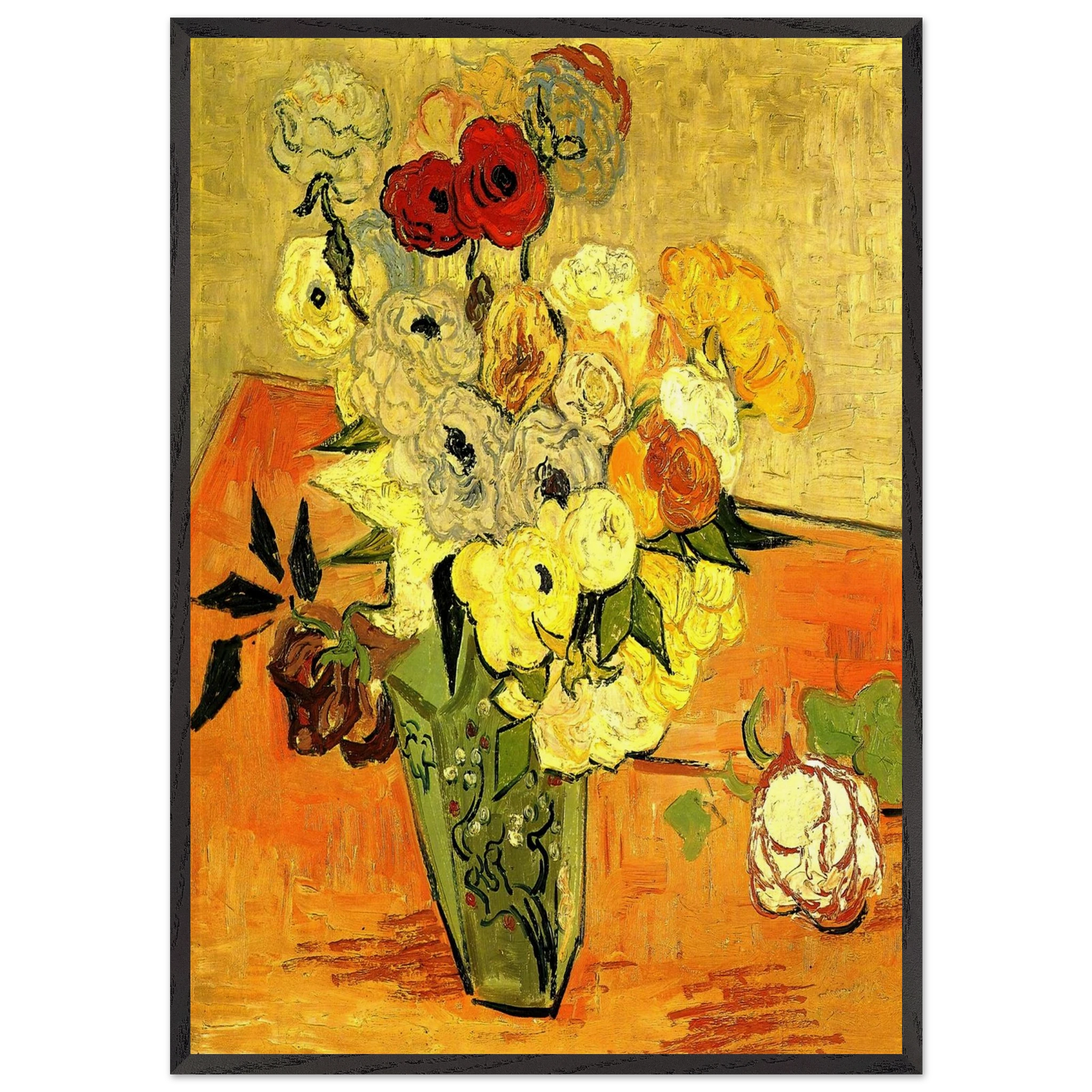 Japanese Vase with Roses and Anemones - Vincent van Gogh 70x100 cm / 28x40 inches Framed Art Print – Black Wooden Frame