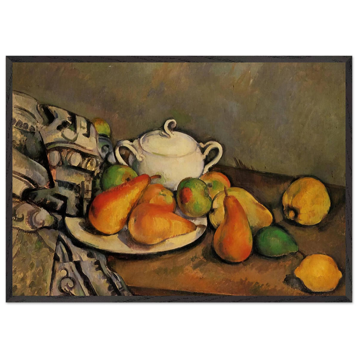 Sugarbowl Pears and Tablecloth - Paul Cezanne 70x100 cm / 28x40 inches Framed Art Print – Black Wooden Frame