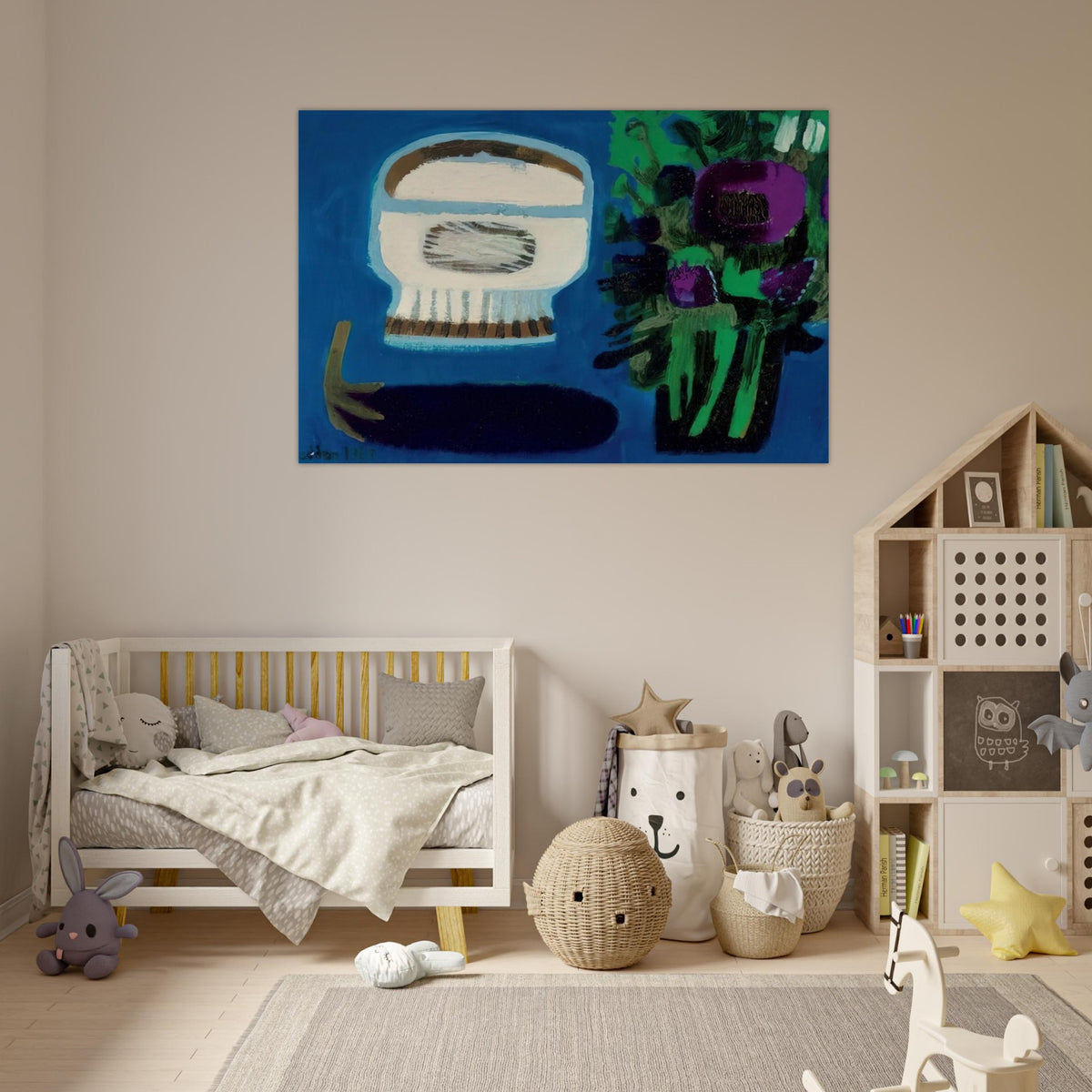 Aubergine and flowers - 1968 - Mary Fedden Art Prints - 100x150 cm / 40x60″ inches | Mary Fedden Poster | Mary Fedden Prints