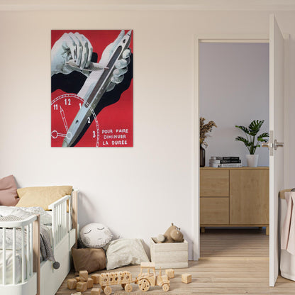 PROJECT OF POSTER THE CENTER OF TEXTILE WORKERS IN BELGIUM TO REDUCE WORKING HOURS 1938 - Rene Magritte Brushed Aluminum Print - 70x100 cm / 28x40 inches | Rene Magritte Aluminum Print | Rene Magritte Prints