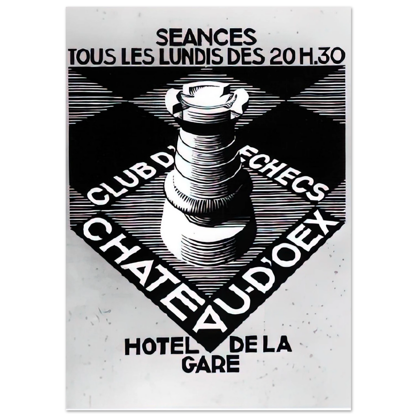 MC Escher - ADVERTISEMENT CHESS CLUB CHATEAU DOEX JULY 1936 1936 Wall Art - 60x80 cm / 24x32 inches - Premium Wooden Framed Poster With Fine Art Paper - Wood frame