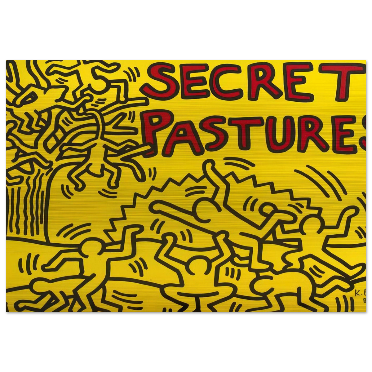 A POSTER FOR THE BILL T JONES AND ARNIE ZANE PERFORMANCE PIECE SECRET PASTURES 1984 - Keith Haring Brushed Aluminum Print - 70x100 cm / 28x40 inches | Keith Haring Aluminum Print | Keith Haring Prints