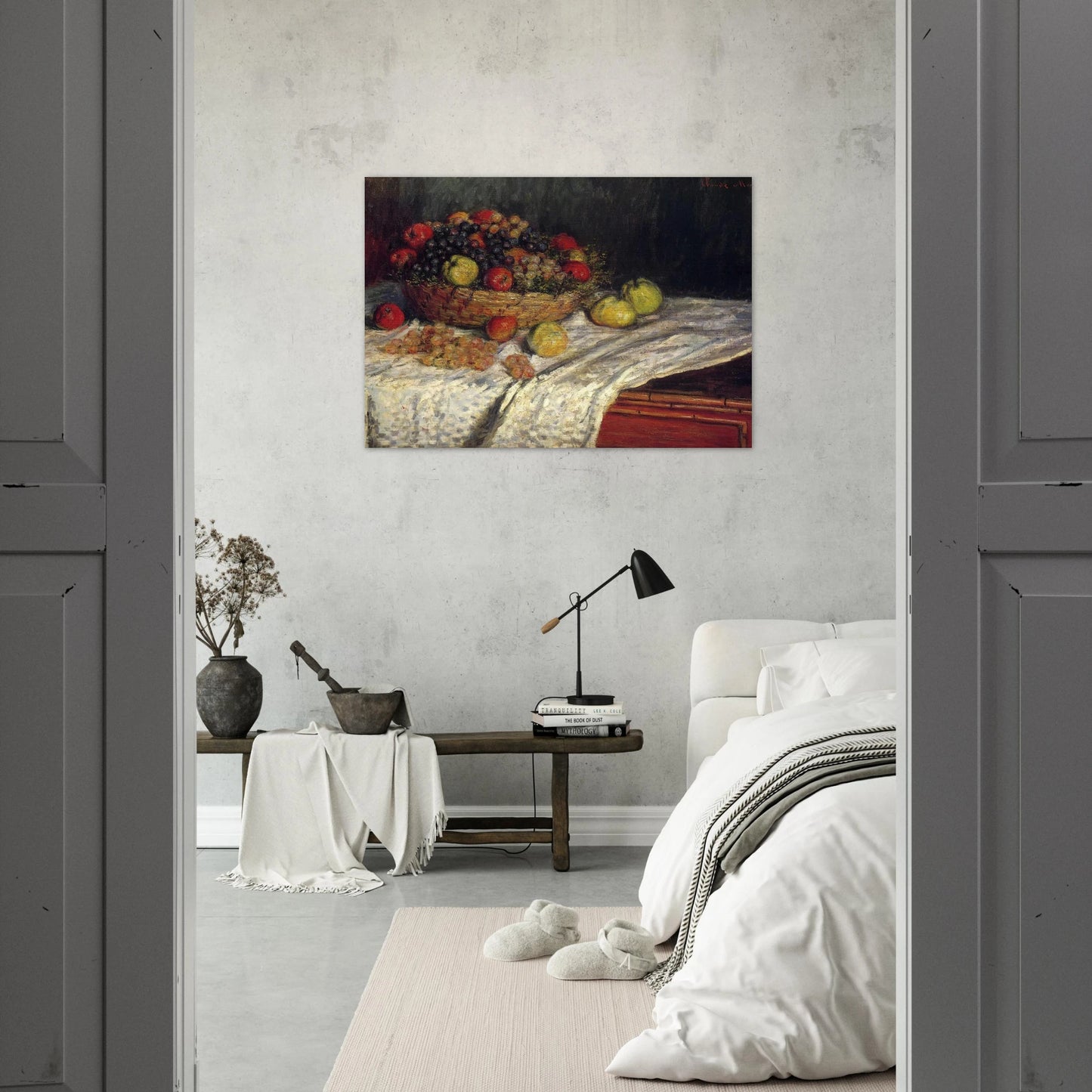 Fruit Basket with Apples and Grapes - claude monet Brushed Aluminum Print - 70x100 cm / 28x40 inches | claude monet Aluminum Print | claude monet Prints