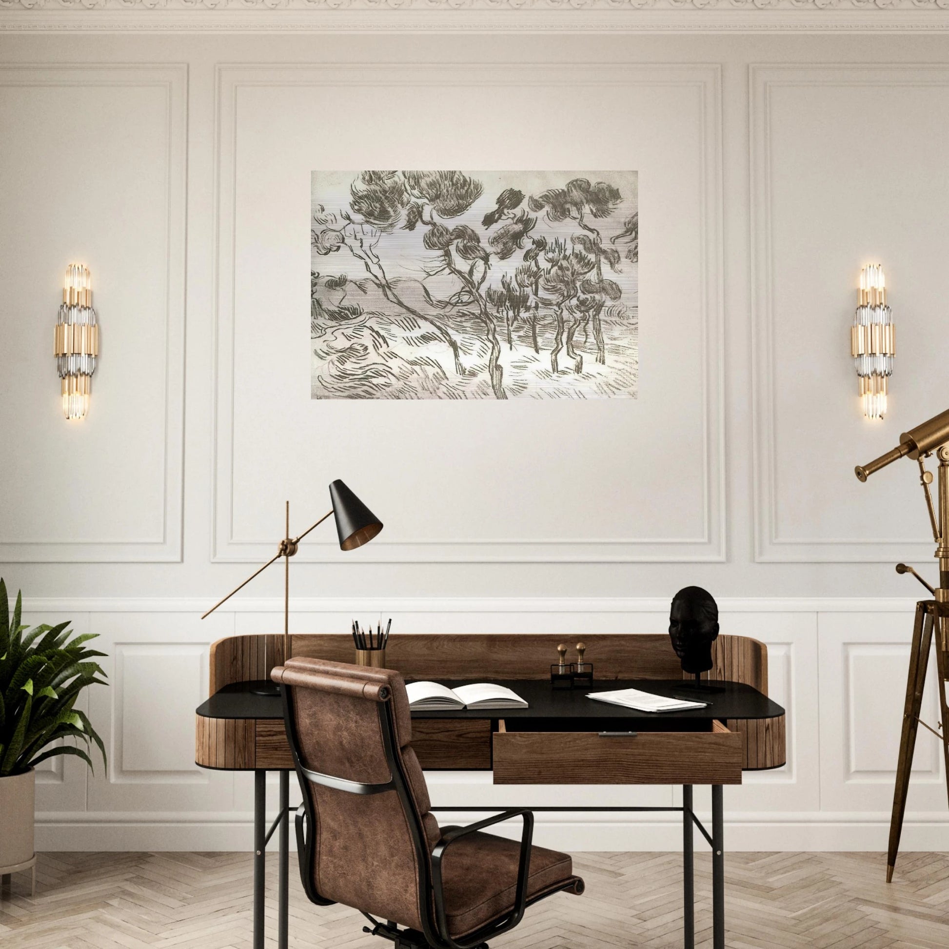 A Group of Pine Trees near a House - Vincent van Gogh Brushed Aluminum Print - 70x100 cm / 28x40 inches | Vincent van Gogh Aluminum Print | Vincent van Gogh Prints