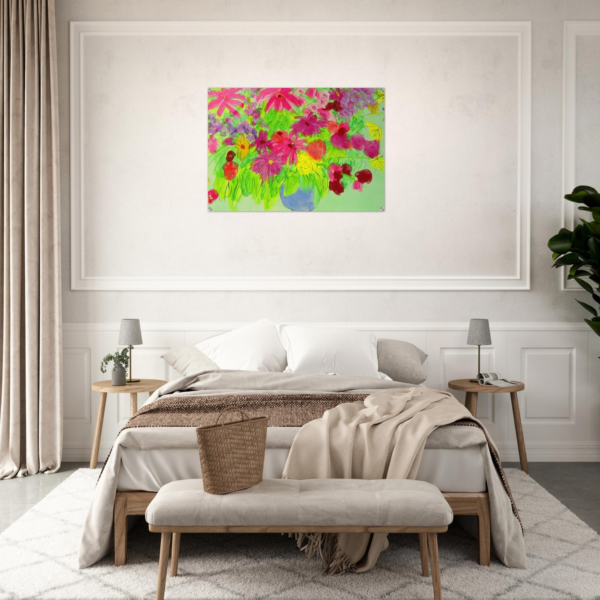 Blue Vase, Many Flowers - Naïve Art Primitivism, Pop Art - Walasse Ting Acrylic Print - 70x100 cm / 28x40″ inches