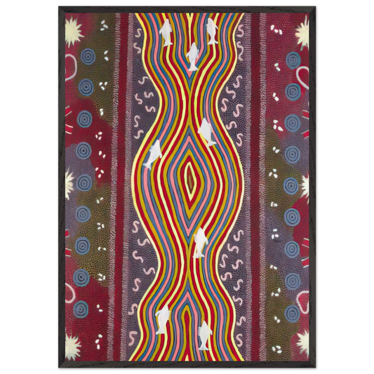 Fish and Honey Dreaming - Native Art - Clifford Possum Tjapaltjarri 70x100 cm / 28x40 inches Framed Art Print – Black Wooden Frame