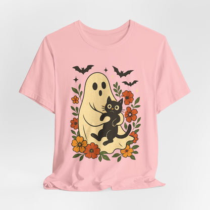 Fantôme effrayant tenant un chat noir Floral psychédélique Halloween