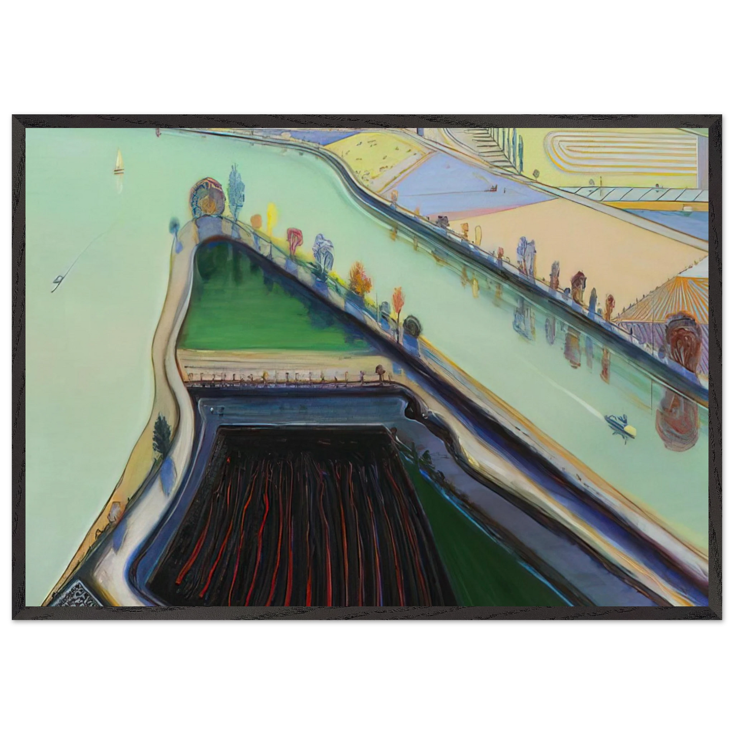 River Boats - 2001 - Wayne Thiebaud 70x100 cm / 28x40 inches Framed Art Print – Black Wooden Frame