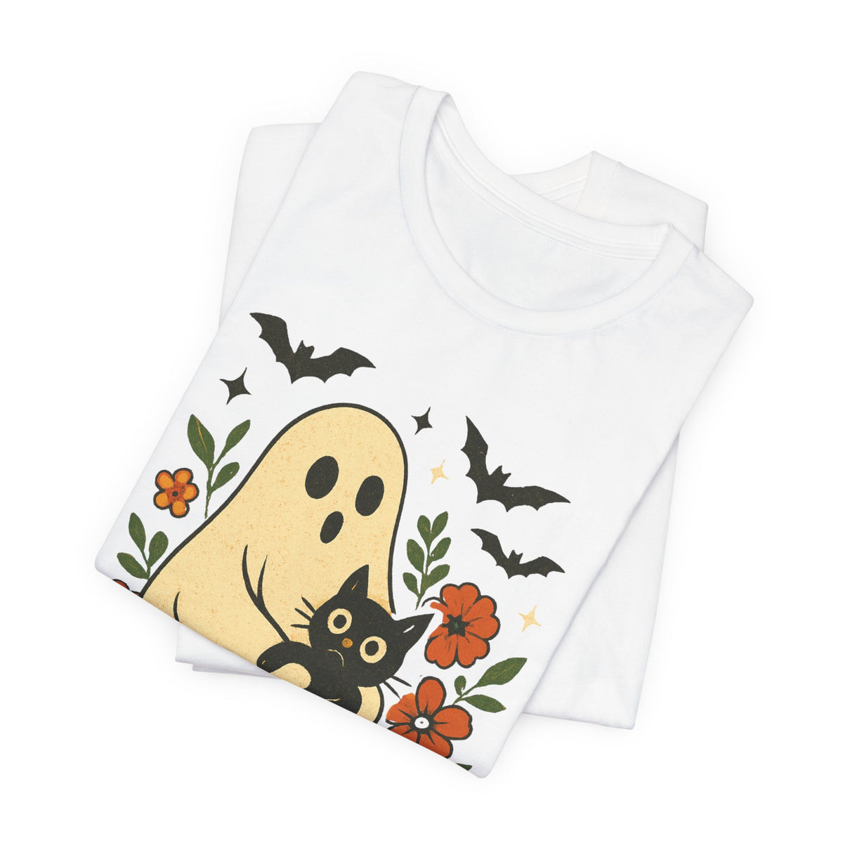 Fantôme effrayant tenant un chat noir Floral psychédélique Halloween