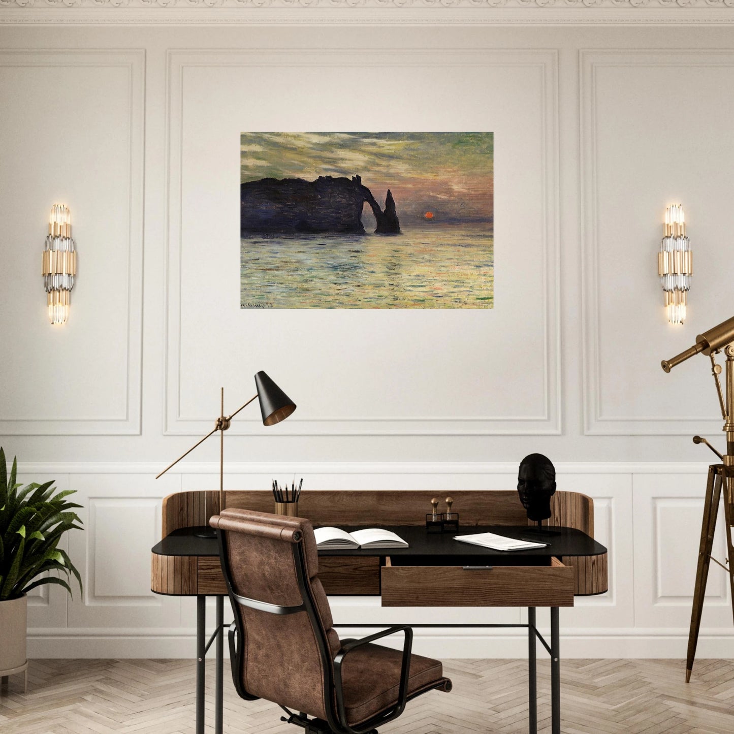 The Manneport, Cliff at Etretat, Sunset - claude monet Brushed Aluminum Print - 70x100 cm / 28x40 inches | claude monet Aluminum Print | claude monet Prints