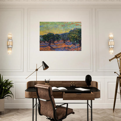 Olive Grove - Orange Sky - Vincent van Gogh Brushed Aluminum Print - 70x100 cm / 28x40 inches | Vincent van Gogh Aluminum Print | Vincent van Gogh Prints