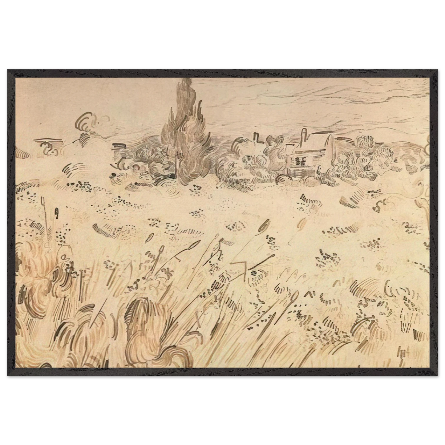 Wheat Field with Cypresses - Vincent van Gogh 70x100 cm / 28x40 inches Framed Art Print – Black Wooden Frame