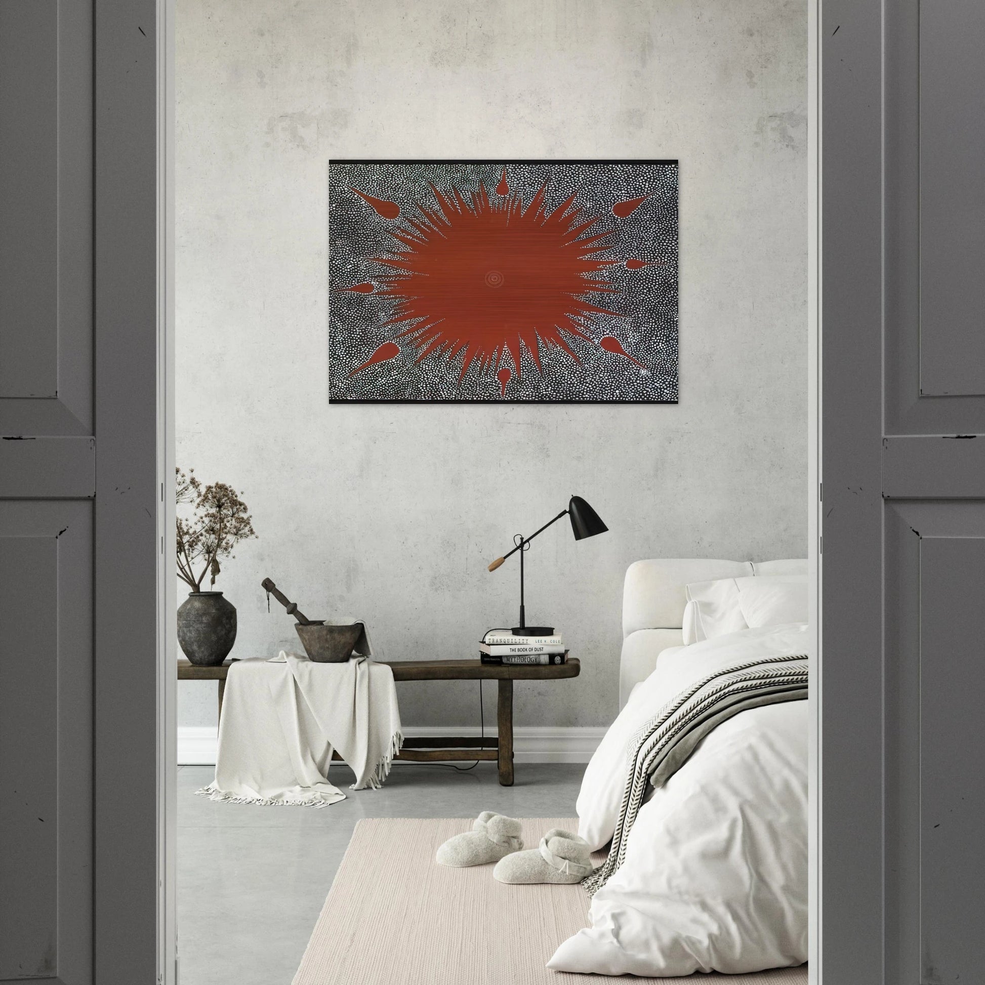 Dreaming Story at Warlugulong - 1976 - Clifford Possum Tjapaltjarri Brushed Aluminum Print - 70x100 cm / 28x40 inches | Clifford Possum Tjapaltjarri Aluminum Print | Clifford Possum Tjapaltjarri Prints