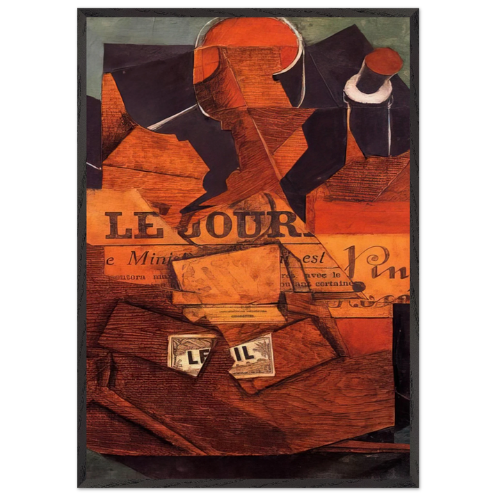 TOBACCO NEWSPAPER AND BOTTLE OF WINE 1914 - Juan Gris 70x100 cm / 28x40 inches Framed Art Print – Black Wooden Frame