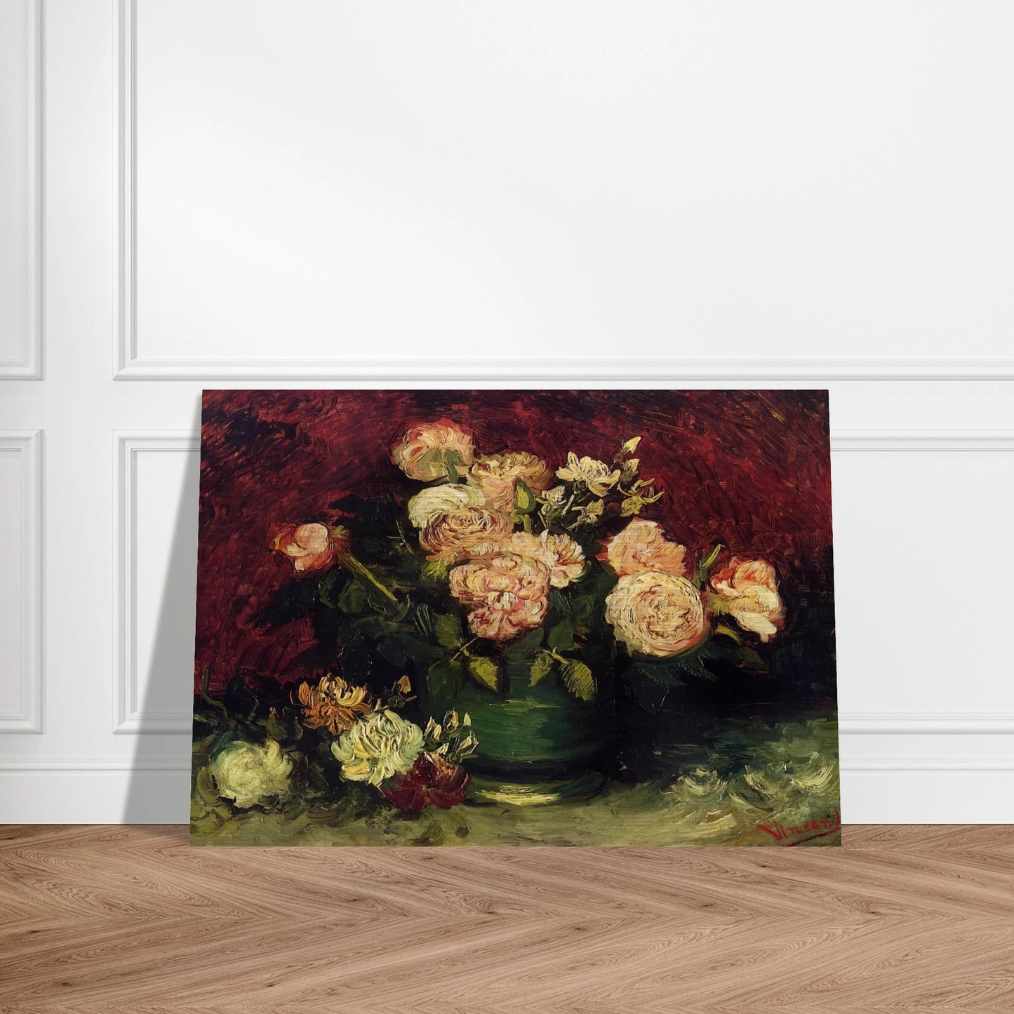 Bowl with Peonies and Roses - Vincent van Gogh Brushed Aluminum Print - 70x100 cm / 28x40 inches | Vincent van Gogh Aluminum Print | Vincent van Gogh Prints
