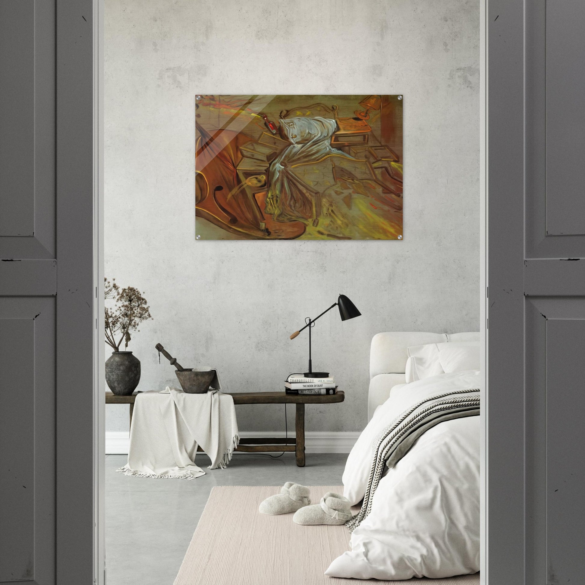 BED AND TWO BEDSIDE TABLES FEROCIOUSLY ATTACKING A CELLO - Salvador Dali Acrylic Print - 70x100 cm / 28x40″ inches