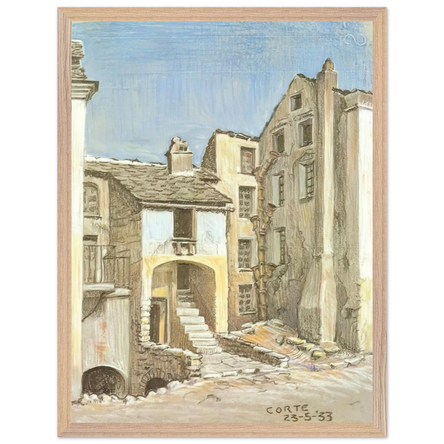 MC Escher - CORTE CORSICA Wall Art - 60x80 cm / 24x32 inches - Premium Wooden Framed Poster With Fine Art Paper-canvas - White frame
