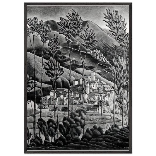 ALFEDENA ABRUZZI - MC Escher 70x100 cm / 28x40 inches Framed Art Print – Black Wooden Frame | Maurits Cornelis Escher Prints
