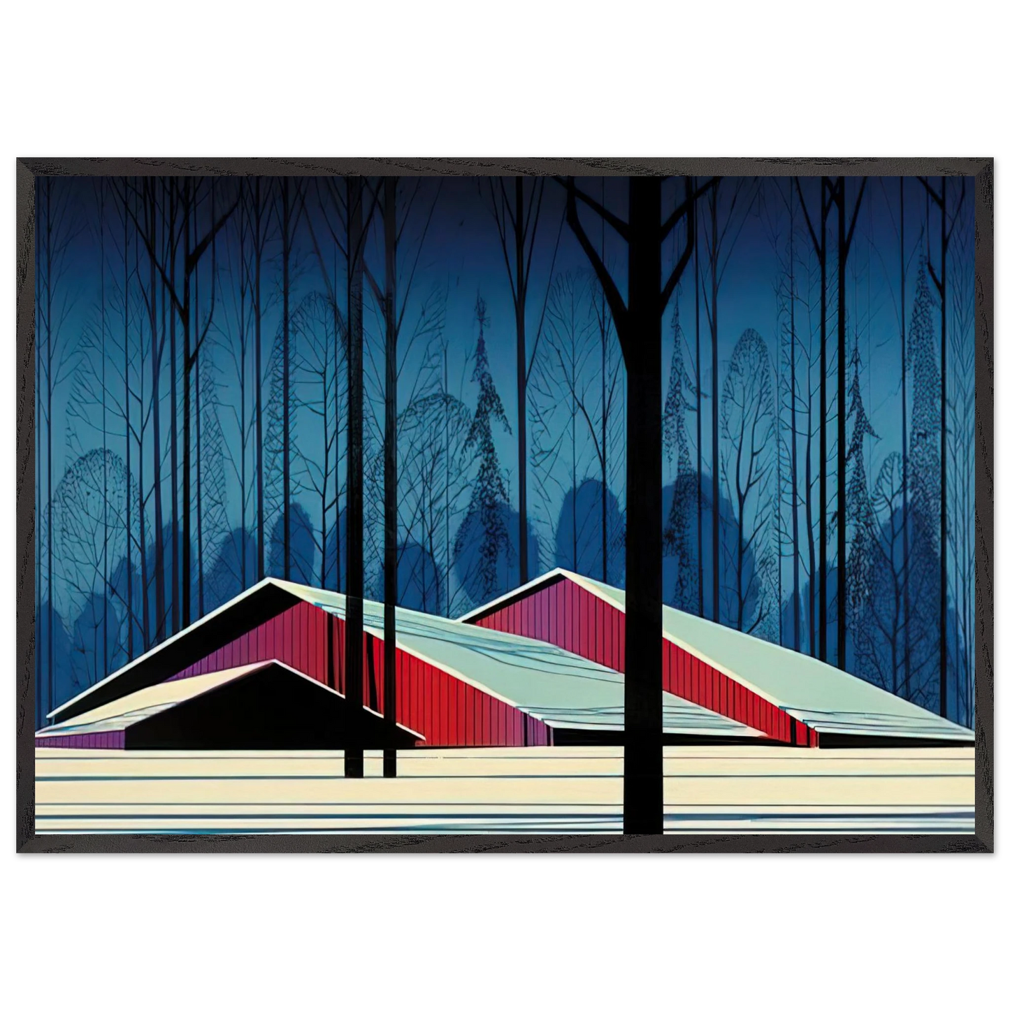 Winter Barns - Eyvind Earle 70x100 cm / 28x40 inches Framed Art Print – Black Wooden Frame