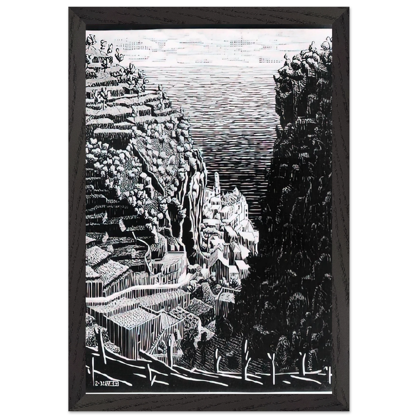 MC Escher - ATRANI COAST OF AMALFI 1 Wall Art - 21x29.7 cm / 8x12" - Premium Wooden Framed Poster With Fine Art Paper-canvas - White frame