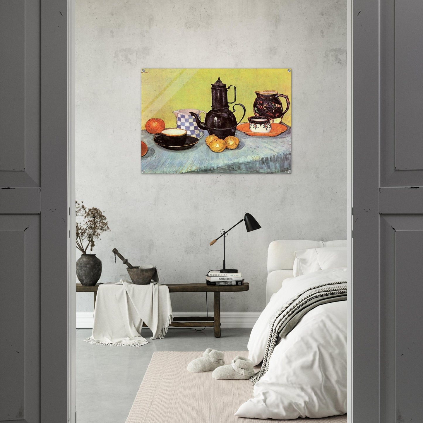 Still Life with Blue Enamel Coffeepot, Earthenware and Fruit - Vincent van Gogh Acrylic Print - 70x100 cm / 28x40″ inches | Vincent van Gogh Wall Art | Vincent van Gogh Prints
