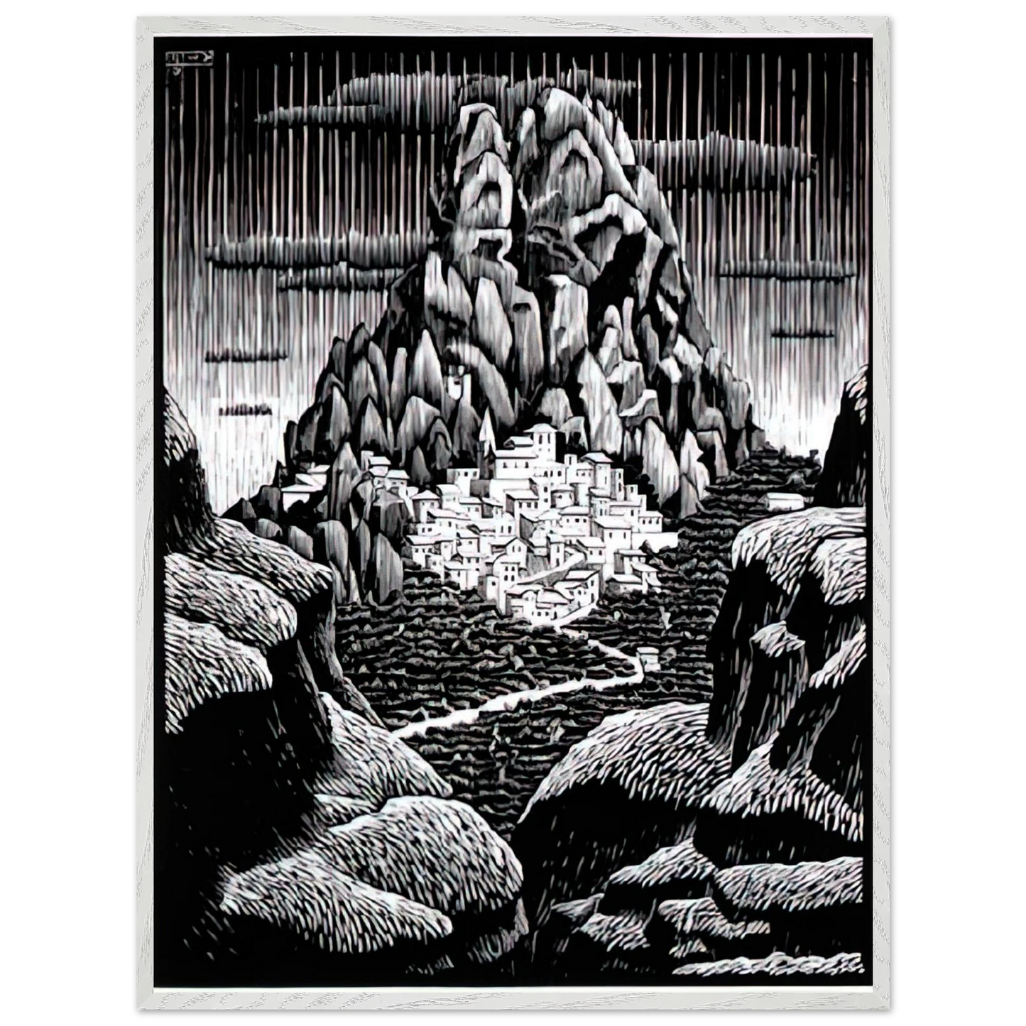 MC Escher - PENTEDATTIO CALABRIA JANUARY 1930 1930 Wall Art - 60x80 cm / 24x32 inches - Premium Wooden Framed Poster With Fine Art Paper-canvas - White frame