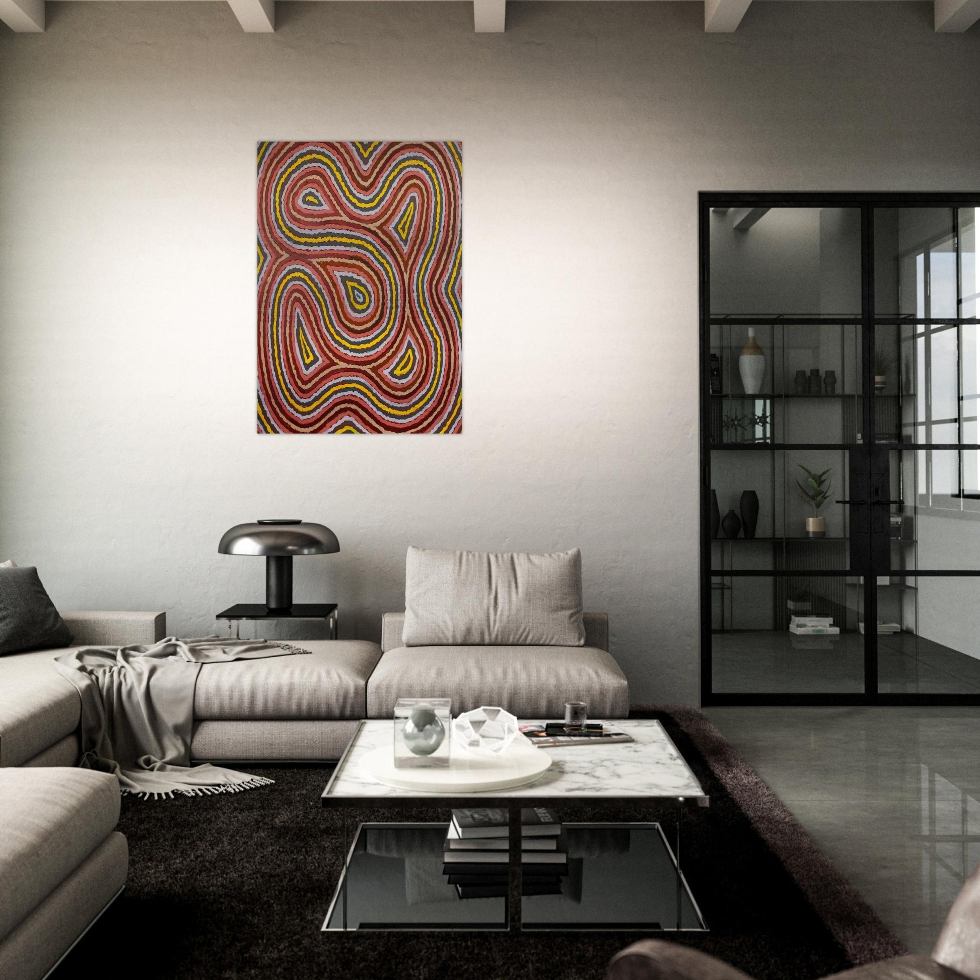 Worm Dreaming - 1998 - Clifford Possum Tjapaltjarri Brushed Aluminum Print - 70x100 cm / 28x40 inches | Clifford Possum Tjapaltjarri Aluminum Print | Clifford Possum Tjapaltjarri Prints