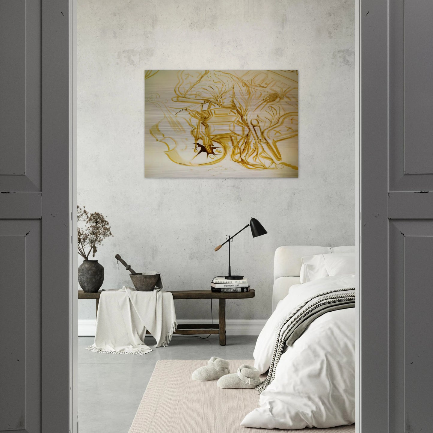 BED AND BEDSIDE TABLE FEROCIOUSLY ATTACKING A CELLO - Salvador Dali Brushed Aluminum Print - 70x100 cm / 28x40 inches | Salvador Dali Aluminum Print | Salvador Dali Prints