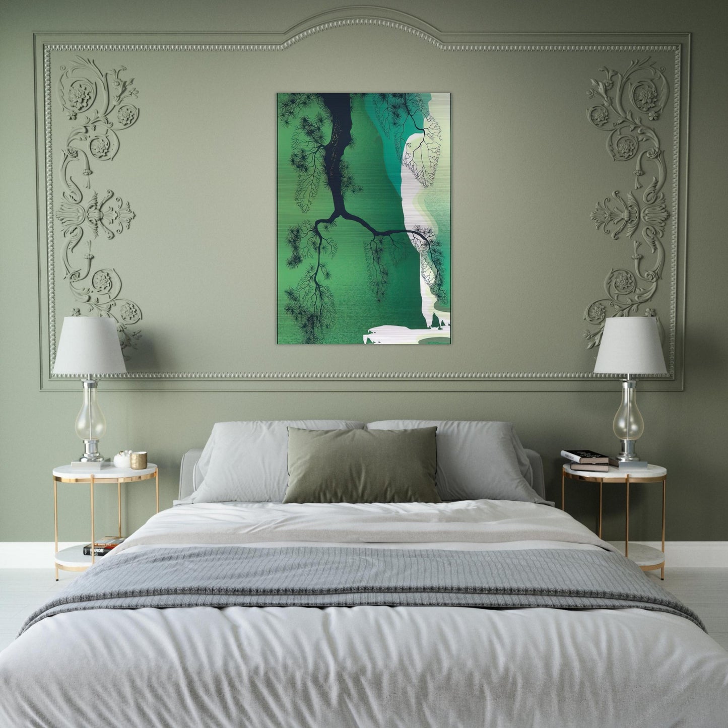 Sea Cliffs and Pine Branch - Eyvind Earle Brushed Aluminum Print - 70x100 cm / 28x40 inches | Eyvind Earle Aluminum Print | Eyvind Earle Prints
