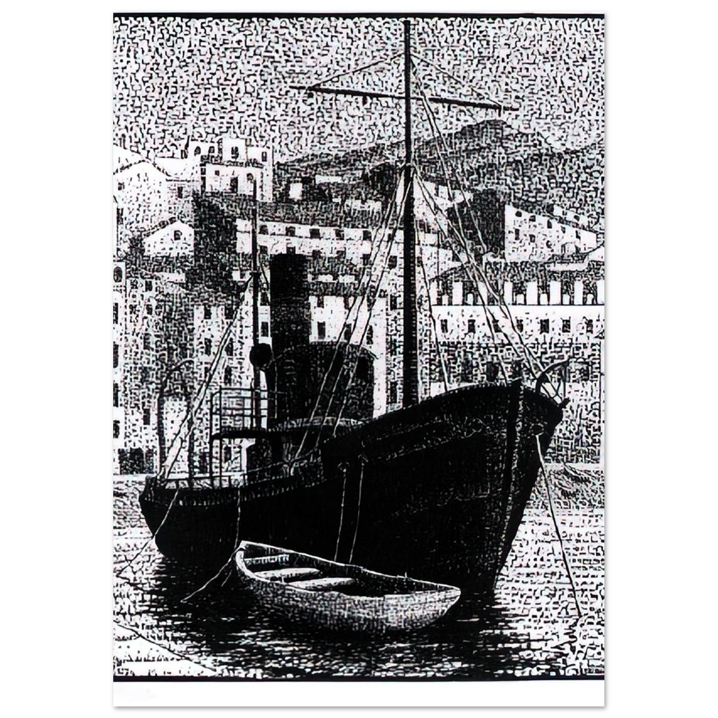 MC Escher - TUGBOAT OLD HARBOR OF BASTIA JANUARY 1934 1934 Wall Art - 30x40 cm / 12x16 inches - Premium Wooden Framed Poster With Fine Art Paper-canvas - Wood frame