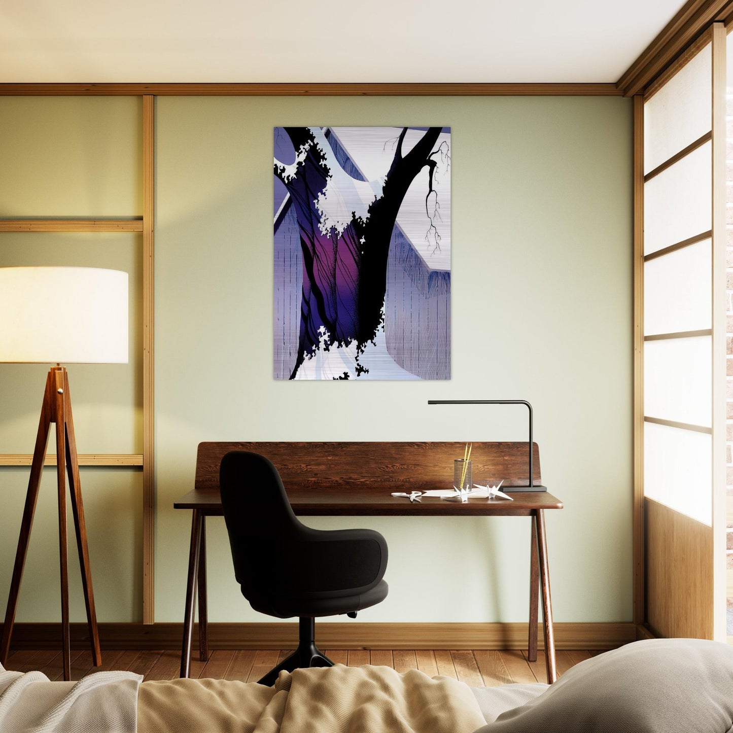 Violet Tree and Barn - Eyvind Earle Brushed Aluminum Print - 70x100 cm / 28x40 inches | Eyvind Earle Aluminum Print | Eyvind Earle Prints
