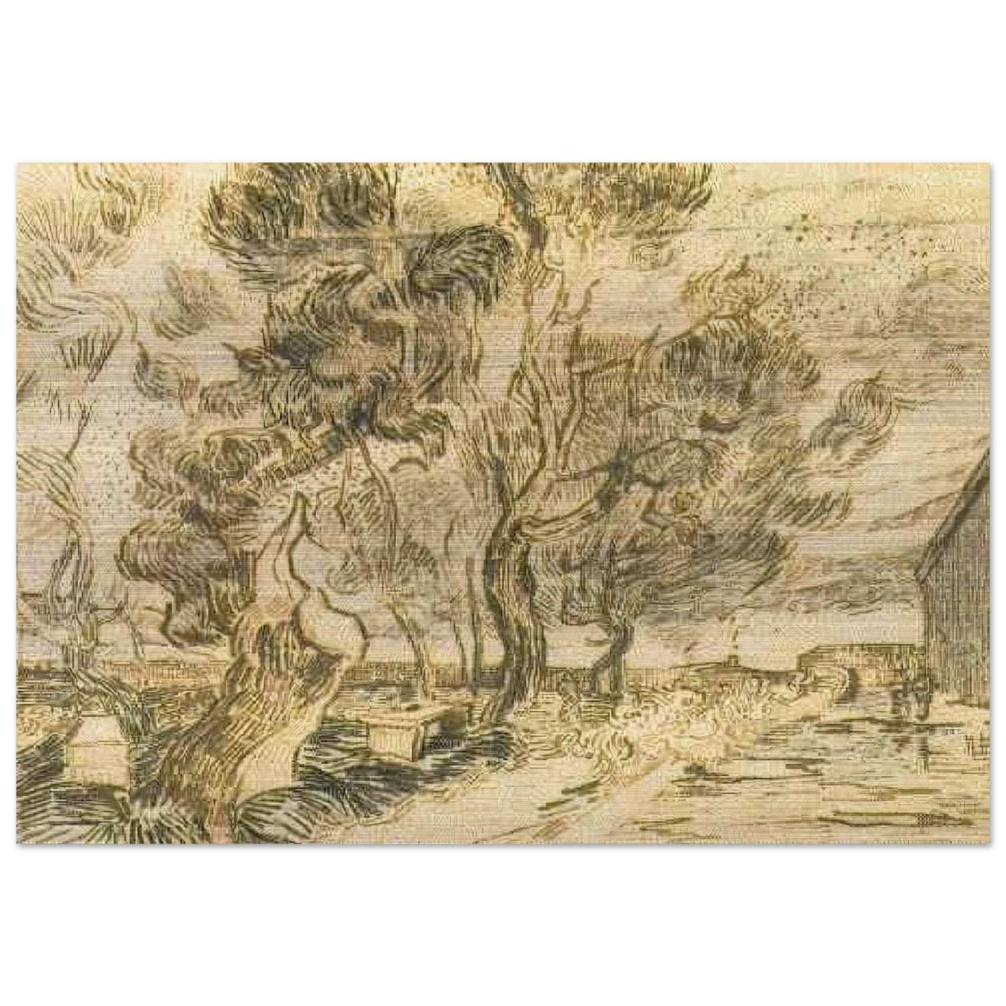 A Corner of the Asylum and the Garden with a Heavy, sawn-off Tree - Vincent van Gogh Brushed Aluminum Print - 70x100 cm / 28x40 inches | Vincent van Gogh Aluminum Print | Vincent van Gogh Prints