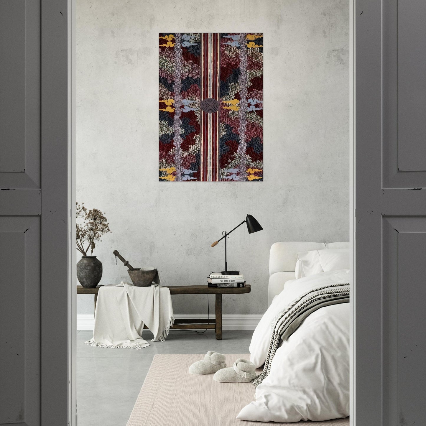 Corkwood Dreaming - 1996 - Clifford Possum Tjapaltjarri Brushed Aluminum Print - 70x100 cm / 28x40 inches | Clifford Possum Tjapaltjarri Aluminum Print | Clifford Possum Tjapaltjarri Prints