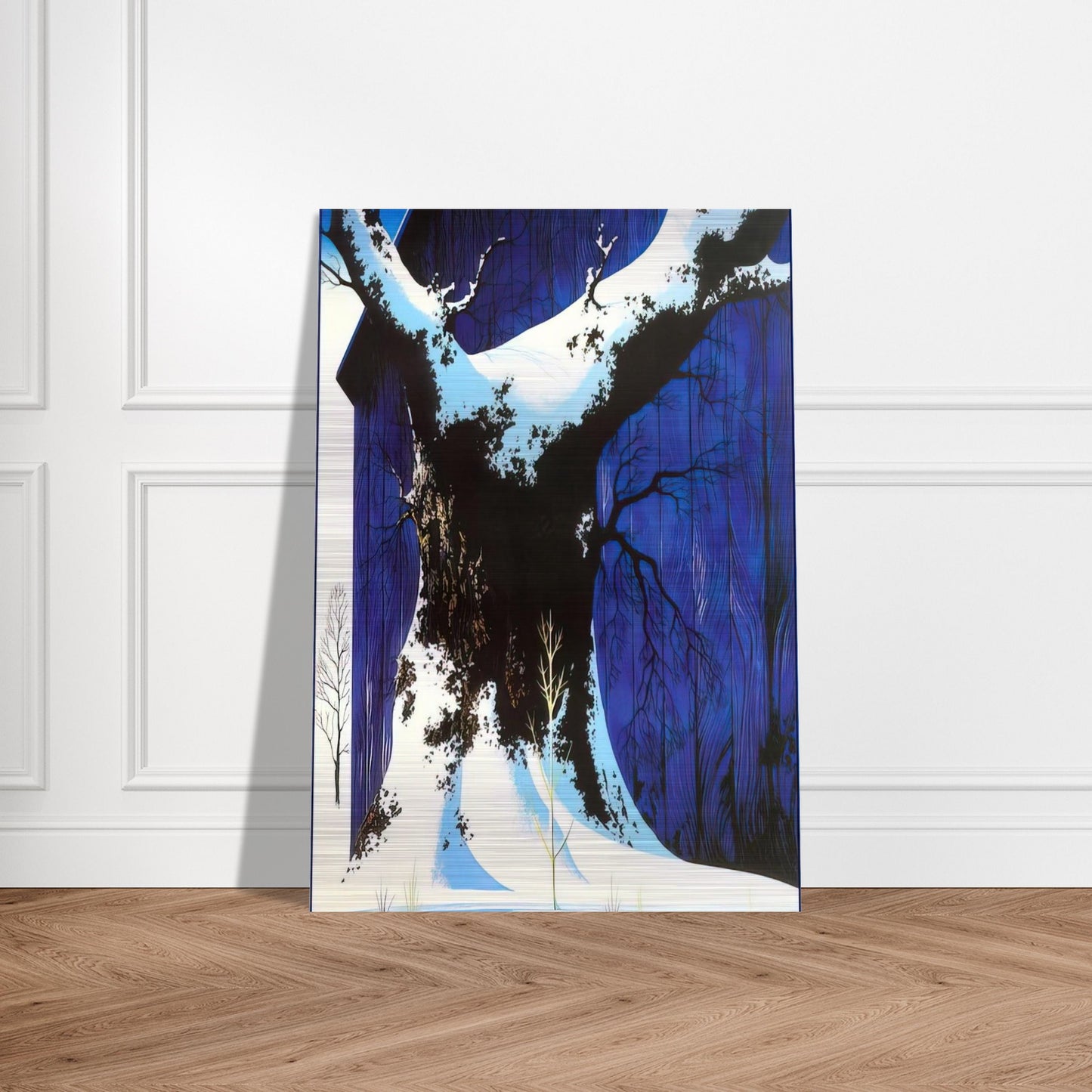 Blue Barn and Snow - Eyvind Earle Brushed Aluminum Print - 70x100 cm / 28x40 inches | Eyvind Earle Aluminum Print | Eyvind Earle Prints
