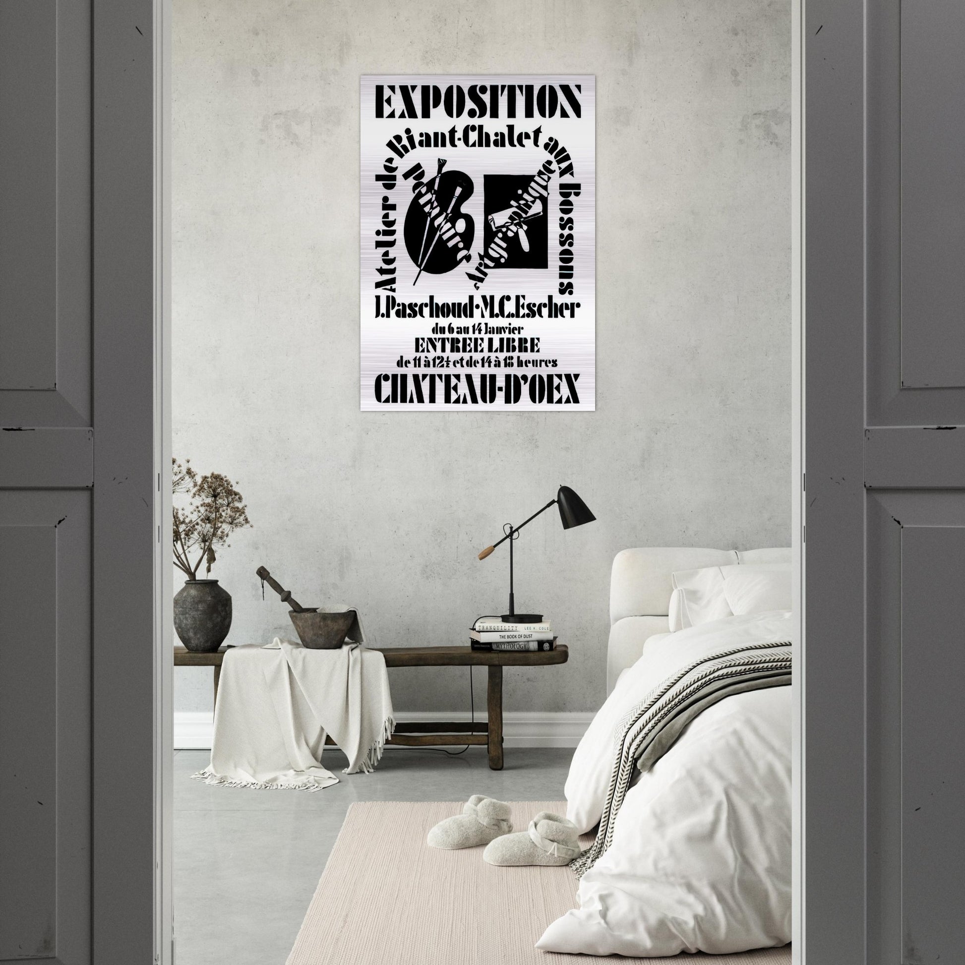 POSTER FOR EXHIBITION JOHN PASCHOUD AND M C ESCHER DECEMBER 1936 1936 - MC Escher Brushed Aluminum Print - 70x100 cm / 28x40 inches | MC Escher Aluminum Print | MC Escher Prints